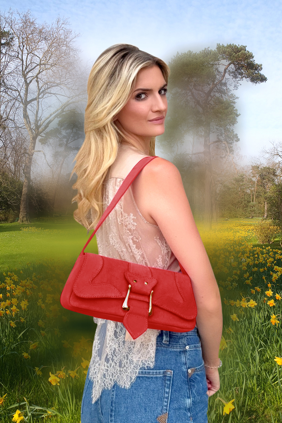Dress small handbag in scarlet red leather - Top view